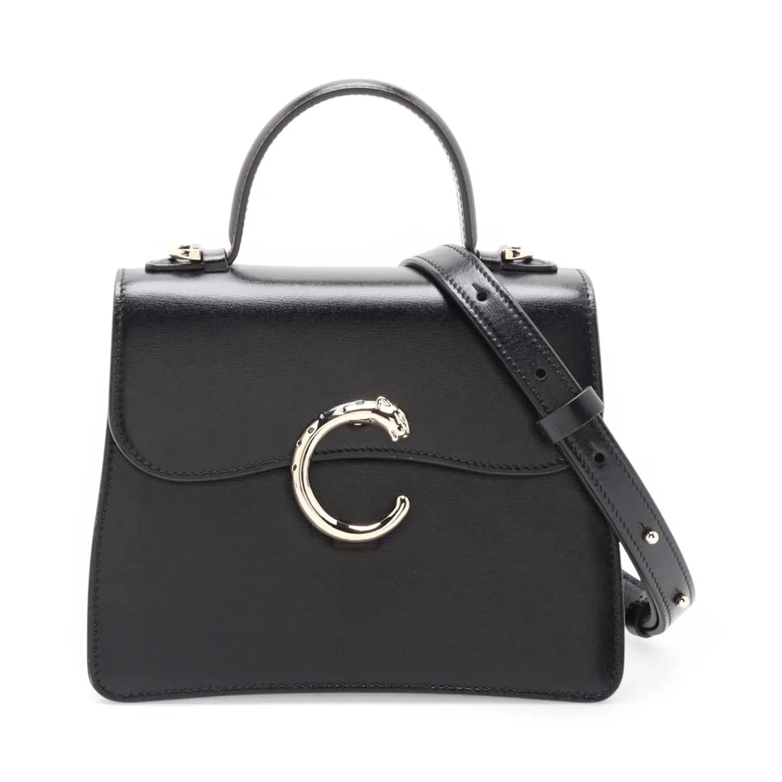 CARTIER PANTHERE LEATHER 2 WAY HANDBAG: Cartier Panthere Leather 2 Way Handbag Brand: Cartier Type/Style: Top Handle Bag Material: Leather Color: Black Size: Height:5.7inchLength:7.3inchDepth:3.5inch Accessories: None Accessorie