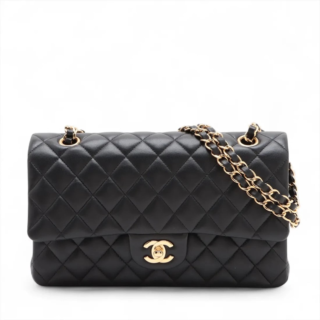 CHANEL MATELASSE 25 LAMBSKIN DOUBLE CHAIN BAG: Chanel Matelasse 25 Lambskin Double Chain Bag Brand: Chanel Type/Style: Shoulder Bag Material: Lambskin Color: Black Size: Height:5.9inchLength:9.8inchDepth:2.6inch Accessories: None Acces