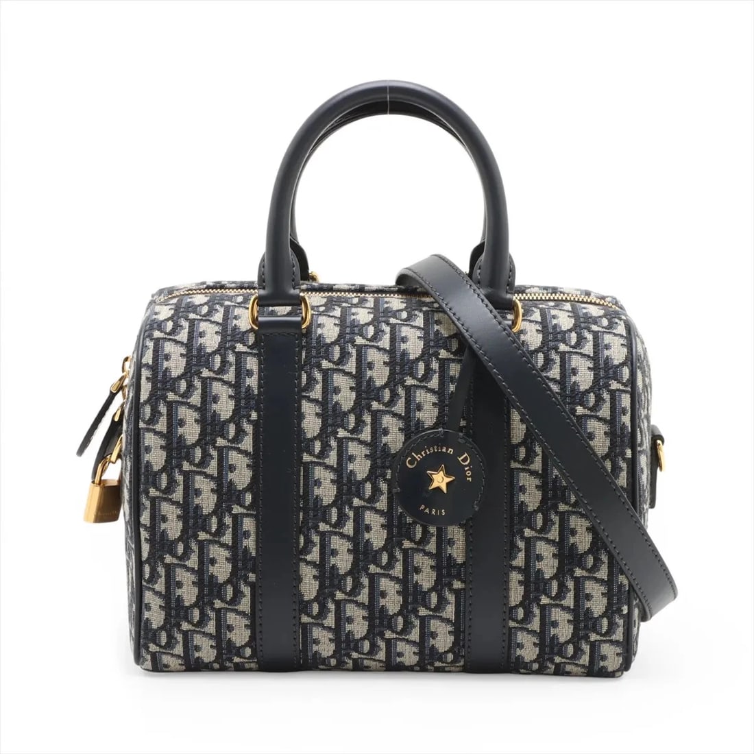 CHRISTIAN DIOR OBLIQUE GROOVE 25 CANVAS & LEATHER 2 WAY HANDBAG: Christian Dior Oblique Groove 25 Canvas & Leather 2 Way Handbag Brand: Christian Dior Type/Style: Duffle Material: Canvas & Leather Color: Navy Blue Size: Height:7.1inchLength:9.8inchDepth:5.9inch