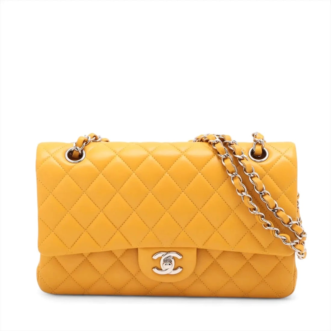 CHANEL MATELASSE 25 LAMBSKIN DOUBLE FLAP DOUBLE CHAIN BAG: Chanel Matelasse 25 Lambskin Double Flap Double Chain Bag Brand: Chanel Type/Style: Shoulder Bag Material: Lambskin Color: Yellow Size: Height:6.1inchLength:9.8inchDepth:2.6inch Accessories: None