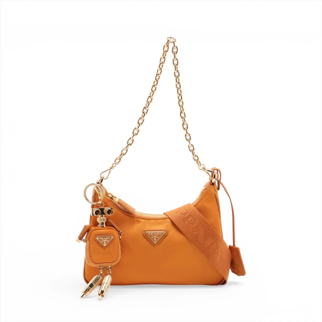 PRADA TESSUTO NYLON & LEATHER 2 WAY SHOULDER BAG: Prada Tessuto Nylon & Leather 2 Way Shoulder Bag Brand: Prada Type/Style: Shoulder Bag Material: Nylon & Leather Color: Orange Size: Height:6.3inchLength:8.7inchDepth:2.4inch Accessories: None