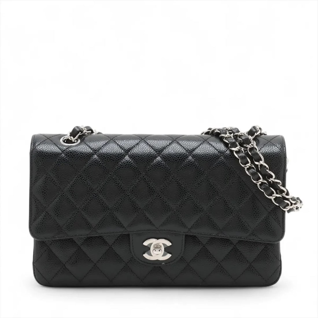 CHANEL MATELASSE 25 CAVIAR SKIN DOUBLE CHAIN BAG: Chanel Matelasse 25 Caviar Skin Double Chain Bag Brand: Chanel Type/Style: Shoulder Bag Material: Caviar Skin Color: Black Size: Height:6.1inchLength:9.8inchDepth:2.4inch Accessories: None