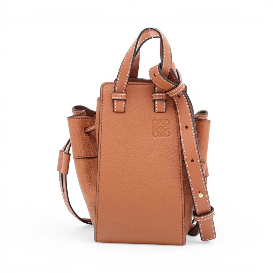 LOEWE HAMMOCK DRAWSTRING MINI LEATHER 2 WAY HANDBAG BROWN: Loewe Hammock Drawstring mini Leather 2 Way Handbag Brown Brand: Loewe Type/Style: Top Handle Bag Material: Leather Color: Brown Size: Height:7.1inchLength:4.1inchDepth:6.7inch Accessories: None <