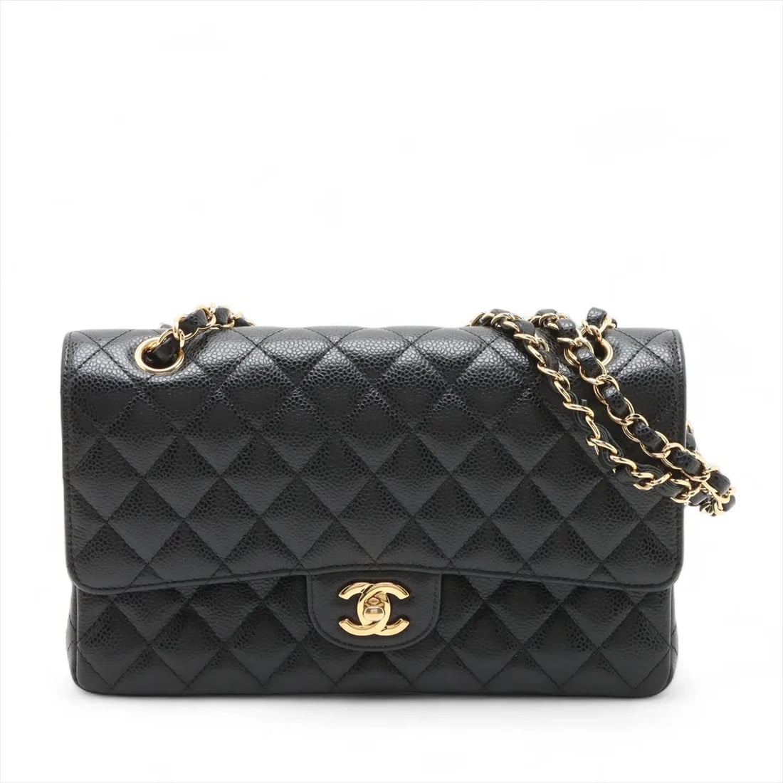 CHANEL MATELASSE 25 CAVIAR SKIN DOUBLE CHAIN BAG: Chanel Matelasse 25 Caviar Skin Double Chain Bag Brand: Chanel Type/Style: Shoulder Bag Material: Caviar Skin Color: Black Size: Height:5.9inchLength:9.8inchDepth:2.4inch Accessories: None