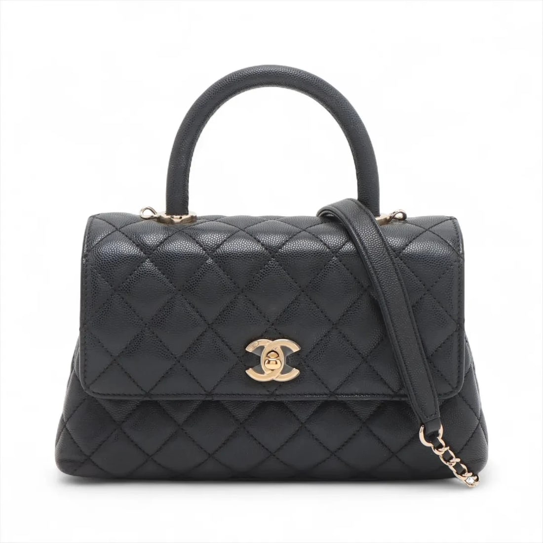 CHANEL COCO HANDLE 24 XS CAVIAR SKIN 2 WAY HANDBAG: Chanel Coco handle 24 XS Caviar Skin 2 Way Handbag Brand: Chanel Type/Style: Top Handle Bag Material: Caviar Skin Color: Black Size: Height:5.7inchLength:8.9inchDepth:3.5inch Accessories: None
