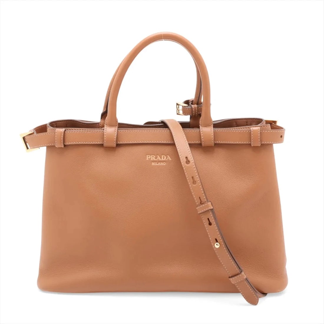 PRADA BUCKLE LEATHER 2 WAY TOTE BAG BROWN: Prada Buckle Leather 2 Way Tote Bag Brown Brand: Prada Type/Style: Tote Material: Leather Color: Brown Size: Height:9.4inchLength:14.2inchDepth:5.3inch Accessories: None Accessories Notice