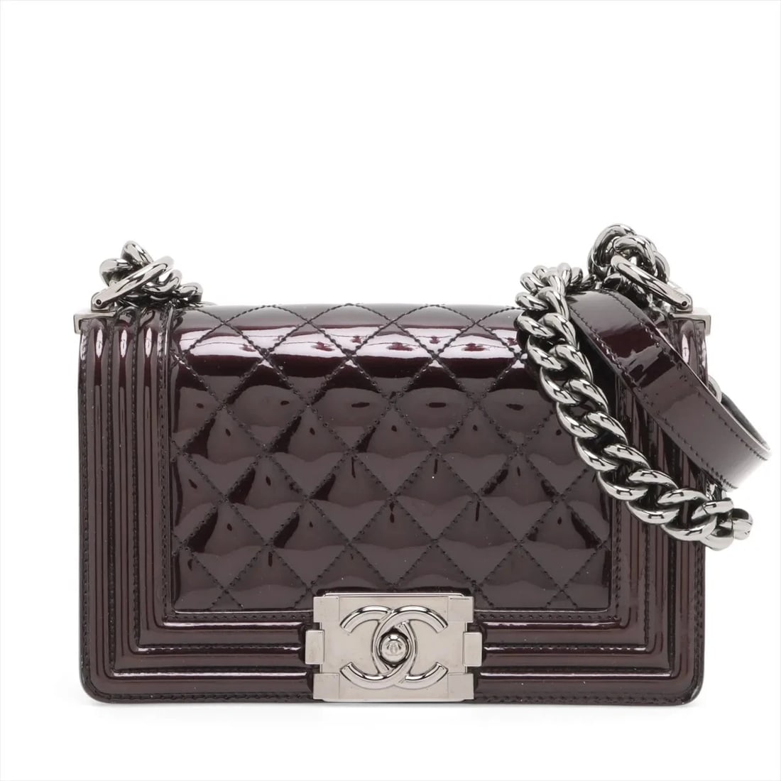 CHANEL BOY 20 SMALL PATENT LEATHER CHAIN SHOULDER BAG: Chanel Boy 20 Small Patent Leather Chain Shoulder Bag Brand: Chanel Type/Style: Shoulder Bag Material: Patent Leather Color: Black Size: Height:4.9inchLength:7.7inchDepth:2.2inch Accessories: None
