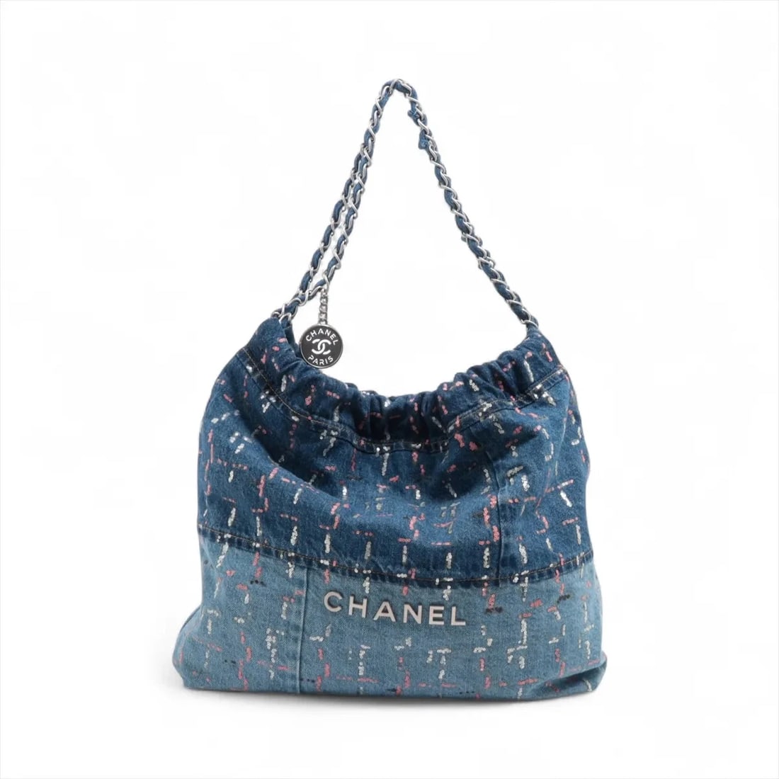 CHANEL 22 DENIM X SEQUINS CHAIN SHOULDER BAG: Chanel 22 Denim x sequins Chain Shoulder Bag Brand: Chanel Type/Style: Shoulder Bag Material: Denim x sequins Color: Blue Size: Height:13.8inchLength:13.8inchDepth:3.1inch Accessories: None
