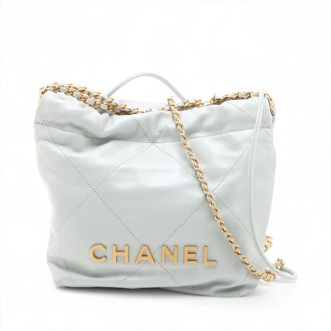 CHANEL 22 MINI SHINY CALFSKIN CHAIN SHOULDER BAG: Chanel 22 Mini shiny calfskin Chain Shoulder Bag Brand: Chanel Type/Style: Shoulder Bag Material: shiny calfskin Color: Blue Size: Height:7.5inchLength:6.7inchDepth:2.2inch Accessories: None <