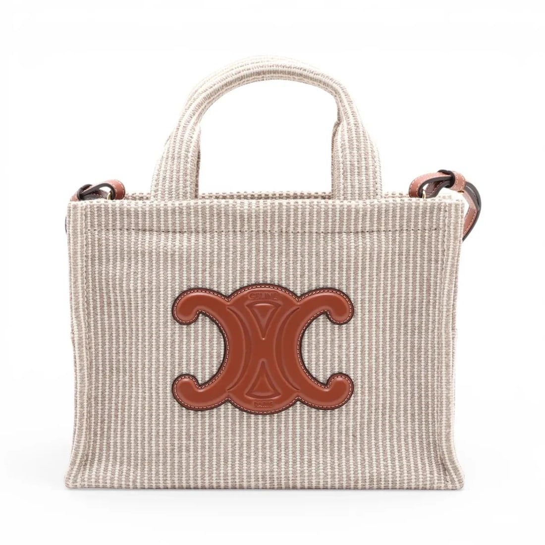CELINE TRIOMPHE SMALL CABAS THAISE CANVAS & LEATHER 2 WAY HANDBAG: Celine Triomphe Small Cabas Thaise Canvas & Leather 2 Way Handbag Brand: Celine Type/Style: Top Handle Bag Material: Canvas & Leather Color: Beige?Brown Size: Height:7.7inchLength:10.2inchDepth:4.9inc