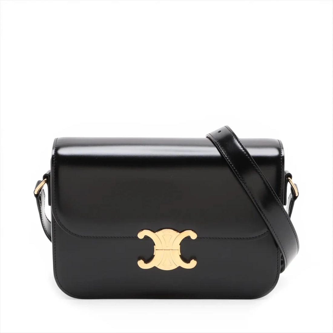 CELINE TRIOMPHE LEATHER SHOULDER BAG BLACK: Celine Triomphe Leather Shoulder bag Black Brand: Celine Type/Style: Shoulder Bag Material: Leather Color: Black Size: Height:6.3inchLength:8.9inchDepth:3.1inch Accessories: None Accessori