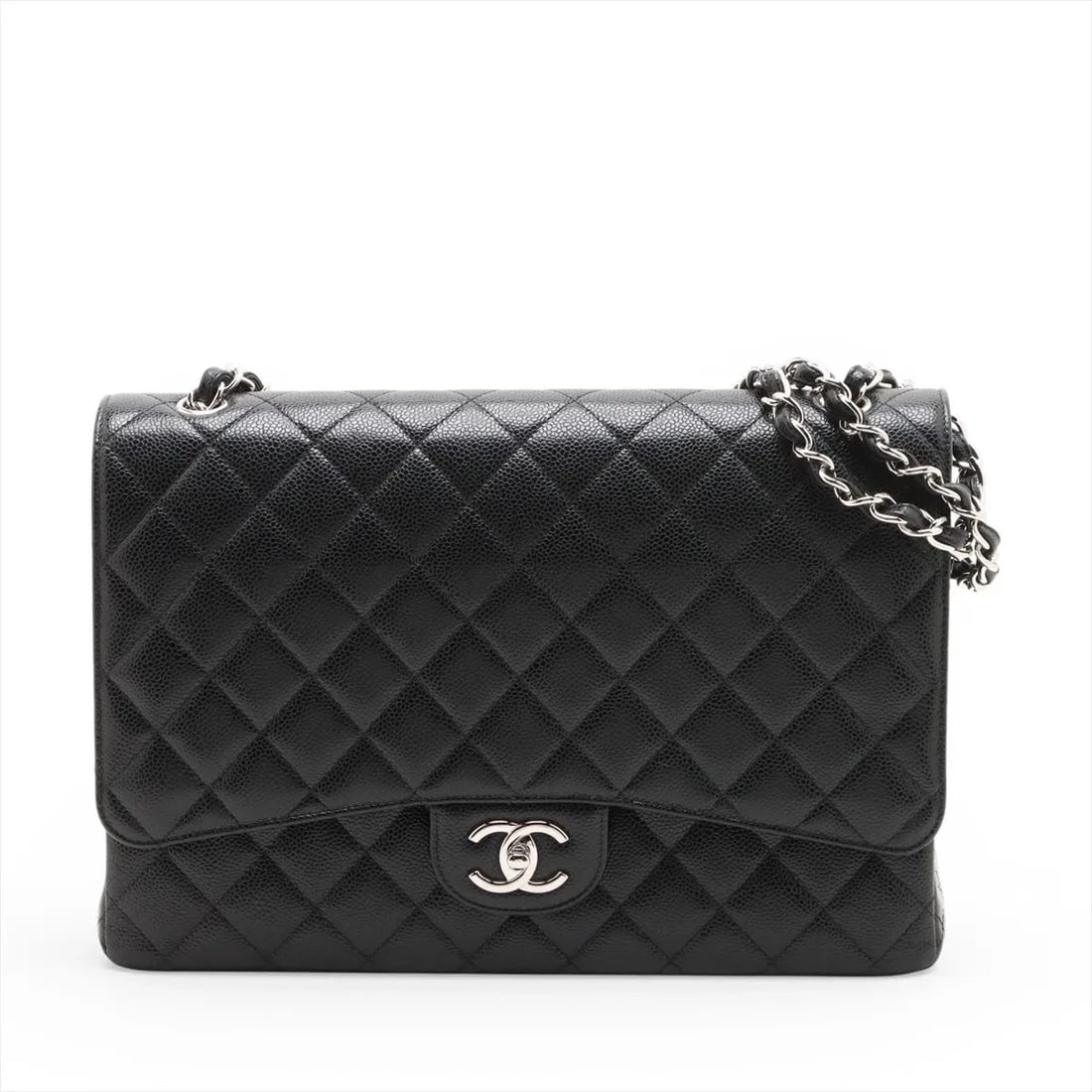 CHANEL DEKAMATRASSE 34 MAXI CAVIAR SKIN DOUBLE CHAIN BAG: Chanel DEKAMATRASSE 34 Maxi Caviar Skin Double Chain Bag Brand: Chanel Type/Style: Shoulder Bag Material: Caviar Skin Color: Black Size: Height:8.7inchLength:13.2inchDepth:3.5inch Accessories: Non