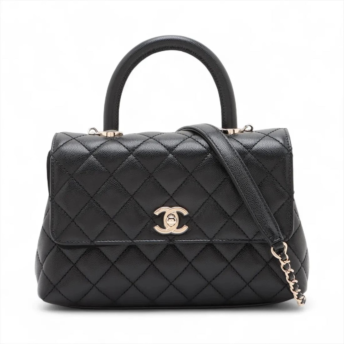 CHANEL COCO HANDLE 24 XS CAVIAR SKIN 2 WAY HANDBAG: Chanel Coco handle 24 XS Caviar Skin 2 Way Handbag Brand: Chanel Type/Style: Top Handle Bag Material: Caviar Skin Color: Black Size: Height:5.5inchLength:8.7inchDepth:3.3inch Accessories: None