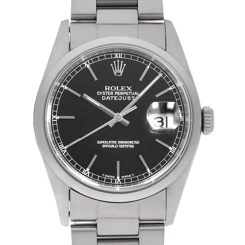 ROLEX DATEJUST BLACK WATCH: ROLEX Datejust black Watch Brand: ROLEX Type/Style: Wrist watch Material: Band Material Stainless Steel, Case Material Stainless Steel Color: Dial Color Black Size: Case:W36mm Circumference of