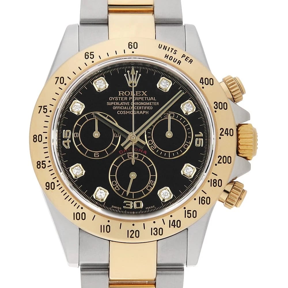 ROLEX COSMOGRAPH DAYTONA DIAMOND BLACK WATCH: ROLEX Cosmograph Daytona diamond black Watch Brand: ROLEX Type/Style: Wrist watch Material: Band Material Stainless Steel/Yellow Gold, Case Material Stainless Steel/Yellow Gold Color: Dial Color