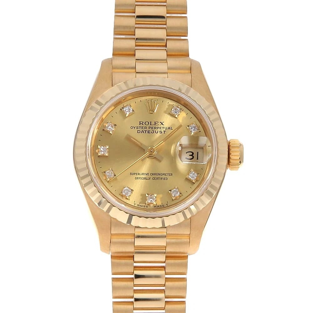 ROLEX DATEJUST DIAMOND CHAMPAGNE WATCH: ROLEX Datejust Diamond Champagne Watch Brand: ROLEX Type/Style: Wrist watch Material: Band Material Yellow Gold, Case Material Yellow Gold Color: Dial Color Champagne Gold Size: Case:W26mm Circumferen