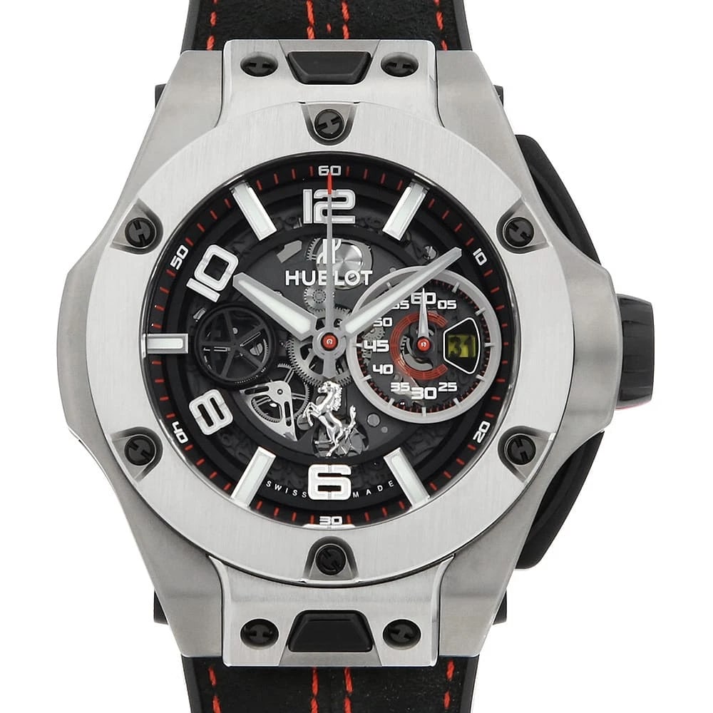 HUBLOT BIG BANG UNICO TITANIUM WATCH: HUBLOT Big Bang Unico Titanium Watch Brand: HUBLOT Type/Style: Wrist watch Material: Band Material Alcantara, Case Material Titanium Color: Dial Color Skeleton Size: Case:W45mm Accessories: None