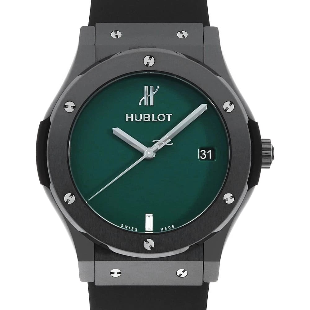 HUBLOT CLASSIC FUSION BLACK CERAMIC GREEN WATCH: HUBLOT Classic Fusion Black Ceramic Green Watch Brand: HUBLOT Type/Style: Wrist watch Material: Band Material rubber, Case Material Ceramic Color: Dial Color Green Size: Case:W45mm Circumference of