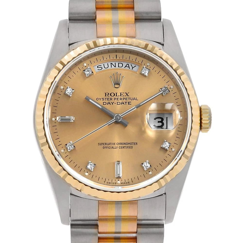 ROLEX DATE DIAMOND BAGUETTE CHAMPAGNE WATCH: ROLEX Date Diamond Baguette Champagne Watch Brand: ROLEX Type/Style: Wrist watch Material: Band Material yellow gold/white gold/pink gold, Case Material White gold/Yellow Gold Color: Dial Color