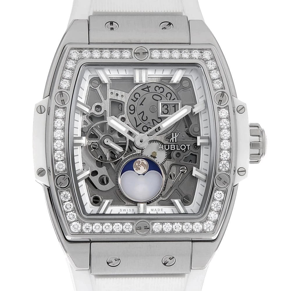 HUBLOT SPIRIT OF BIG BANG MOONPHASE TITANIUM WATCH: HUBLOT Spirit of Big Bang Moonphase Titanium Watch Brand: HUBLOT Type/Style: Wrist watch Material: Band Material rubber, Case Material Titanium Color: Dial Color Skeleton Size: Case:W47.5mm x H42mm