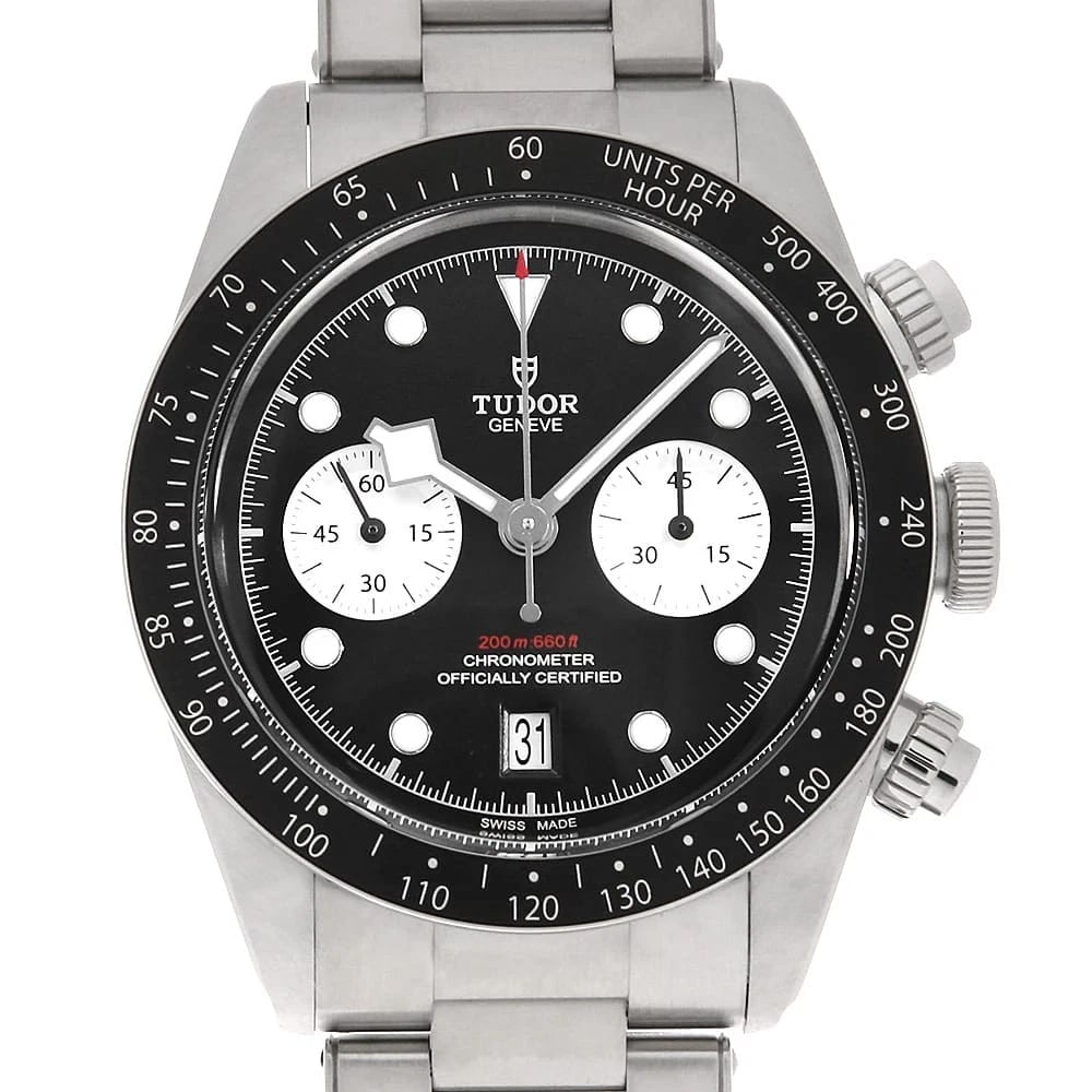 TUDOR BLACK CHRONO WATCH: TUDOR Black Chrono Watch Brand: TUDOR Type/Style: Wrist watch Material: Band Material Stainless Steel, Case Material Stainless Steel Color: Dial Color Black Size: Case:W41mm Circumference of