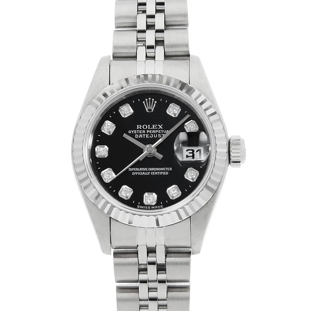 ROLEX DATEJUST DIAMOND BLACK WATCH: ROLEX Datejust Diamond black Watch Brand: ROLEX Type/Style: Wrist watch Material: Band Material Stainless Steel, Case Material Stainless Steel/White gold Color: Dial Color Black Size: Case:W26mm Circu