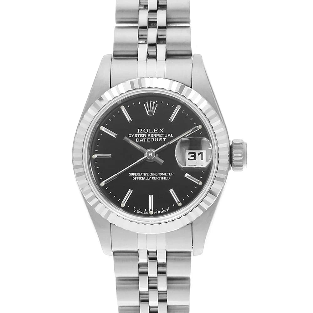 ROLEX DATEJUST BLACK STAINLESS STEEL WATCH: ROLEX Datejust black Stainless Steel Watch Brand: ROLEX Type/Style: Wrist watch Material: Band Material Stainless Steel, Case Material Stainless Steel/White gold Color: Dial Color Black Size: