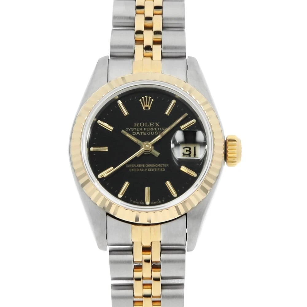 ROLEX DATEJUST BLACK STAINLESS STEEL WATCH: ROLEX Datejust black Stainless Steel Watch Brand: ROLEX Type/Style: Wrist watch Material: Band Material Stainless Steel/Yellow Gold, Case Material Stainless Steel/Yellow Gold Color: Dial Color Black