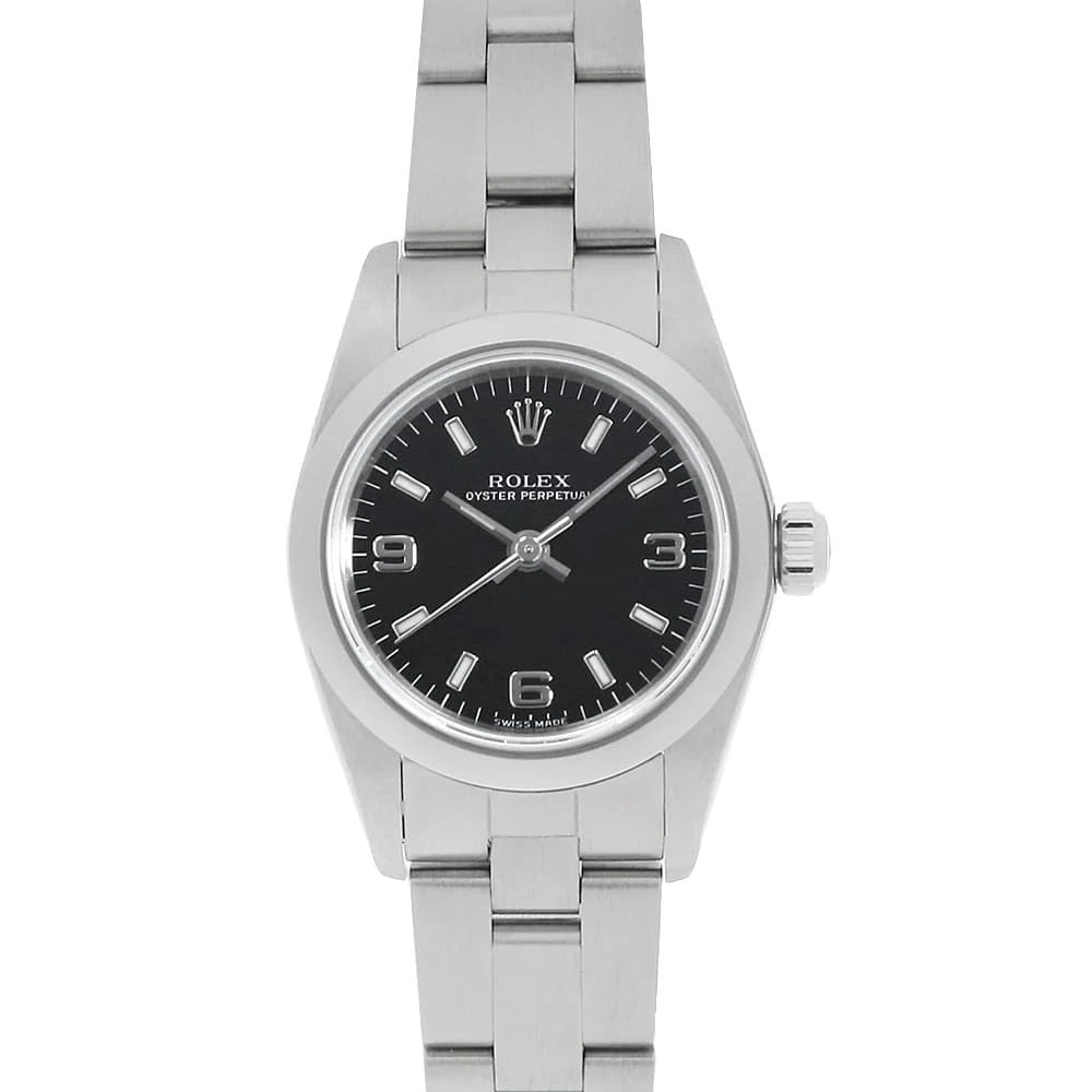 ROLEX OYSTER PERPETUAL BLACK WHITE STAINLESS STEEL WATCH: ROLEX Oyster perpetual black white Stainless Steel Watch Brand: ROLEX Type/Style: Wrist watch Material: Band Material Stainless Steel, Case Material Stainless Steel Color: Dial Color Black Size: