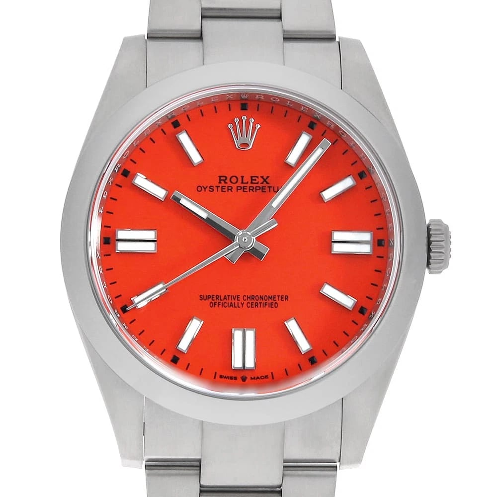 ROLEX OYSTER PERPETUAL CORAL RED STAINLESS STEEL WATCH: ROLEX Oyster Perpetual Coral red Stainless Steel Watch Brand: ROLEX Type/Style: Wrist watch Material: Band Material Stainless Steel, Case Material Stainless Steel Color: Dial Color Coral red Size: