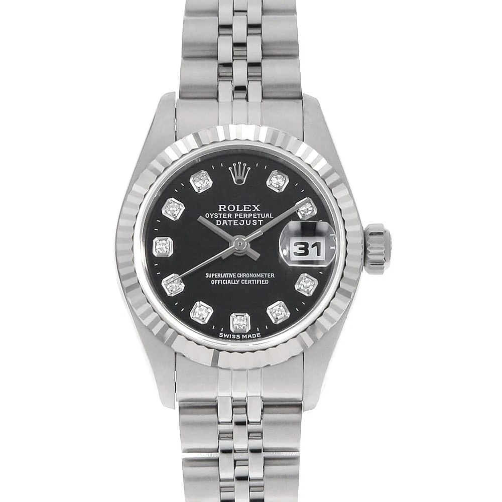 ROLEX DATEJUST DIAMOND BLACK WATCH: ROLEX Datejust Diamond black Watch Brand: ROLEX Type/Style: Wrist watch Material: Band Material Stainless Steel, Case Material Stainless Steel/White gold Color: Dial Color Black Size: Case:W26mm