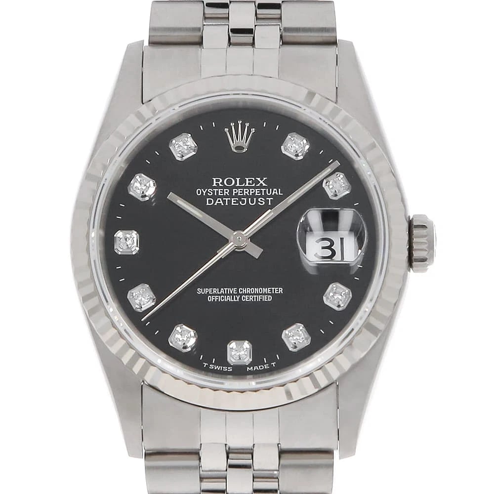 ROLEX DATEJUST DIAMOND BLACK STAINLESS STEEL WATCH: ROLEX Datejust Diamond black Stainless Steel Watch Brand: ROLEX Type/Style: Wrist watch Material: Band Material Stainless Steel, Case Material Stainless Steel/White gold Color: Dial Color Black Size: 