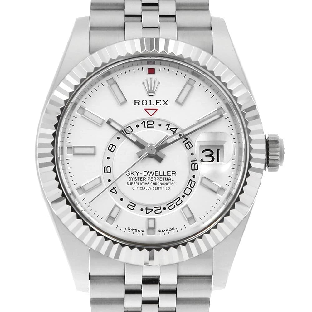 ROLEX SKY-DWELLER WHITE STAINLESS STEEL WATCH: ROLEX SKY-DWELLER white Stainless Steel Watch Brand: ROLEX Type/Style: Wrist watch Material: Band Material Stainless Steel, Case Material Stainless Steel/White gold Color: Dial Color White Size: Case: