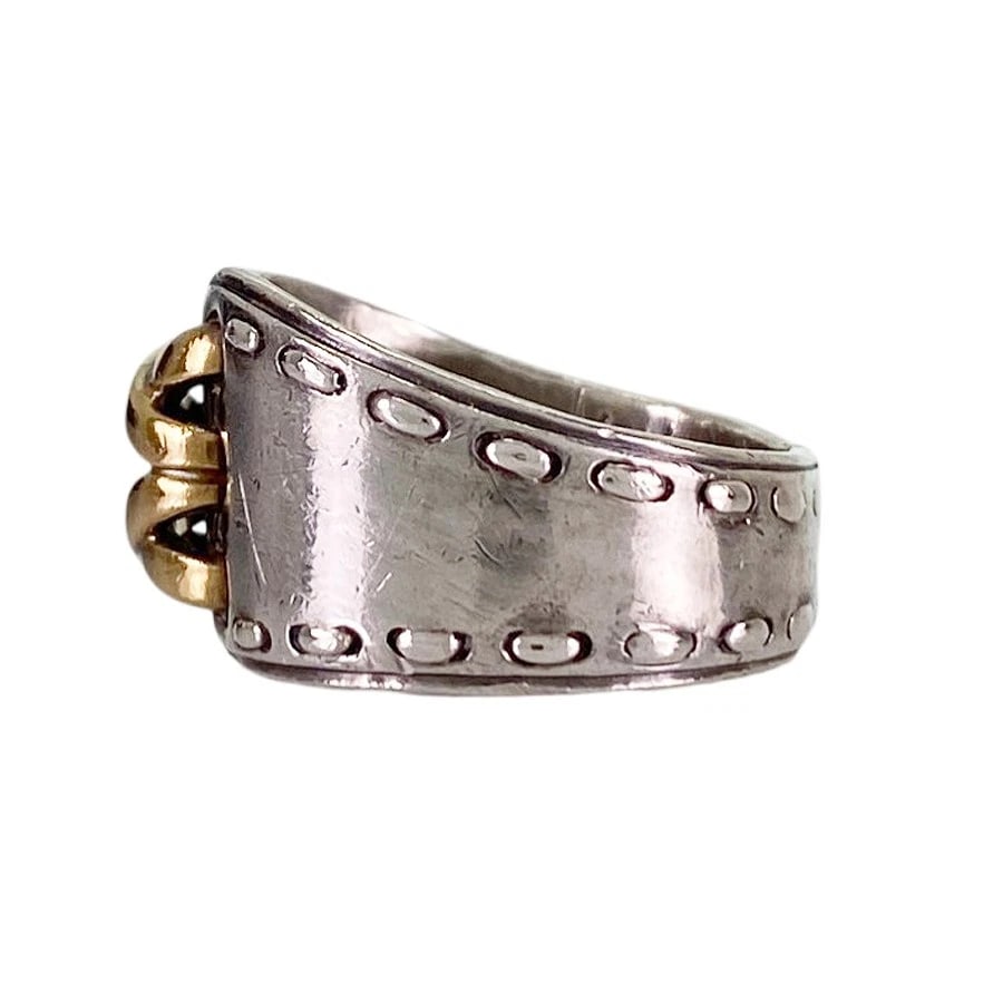 HERMES MEXICO DOUBLE SILVER RING: HERMES Mexico Double Silver Ring Brand: HERMES Type/Style: Ring Material: Silver 925 18K Yellow Gold Color: Silver YG Size: US 5.5 Accessories: None Accessories Notice: When purchasing pre