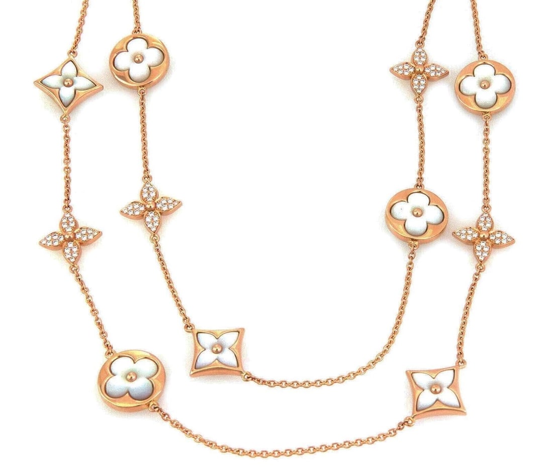 LOUIS VUITTON 18K PINK GOLD COLOR DIAMOND NECKLACE: Louis Vuitton 18k Pink Gold Color Diamond Necklace Brand: Louis Vuitton Type/Style: Necklace Material: 18k pink gold Color: pink gold Size: Necklace Length: Approximately 36inch Pendant Measurements: