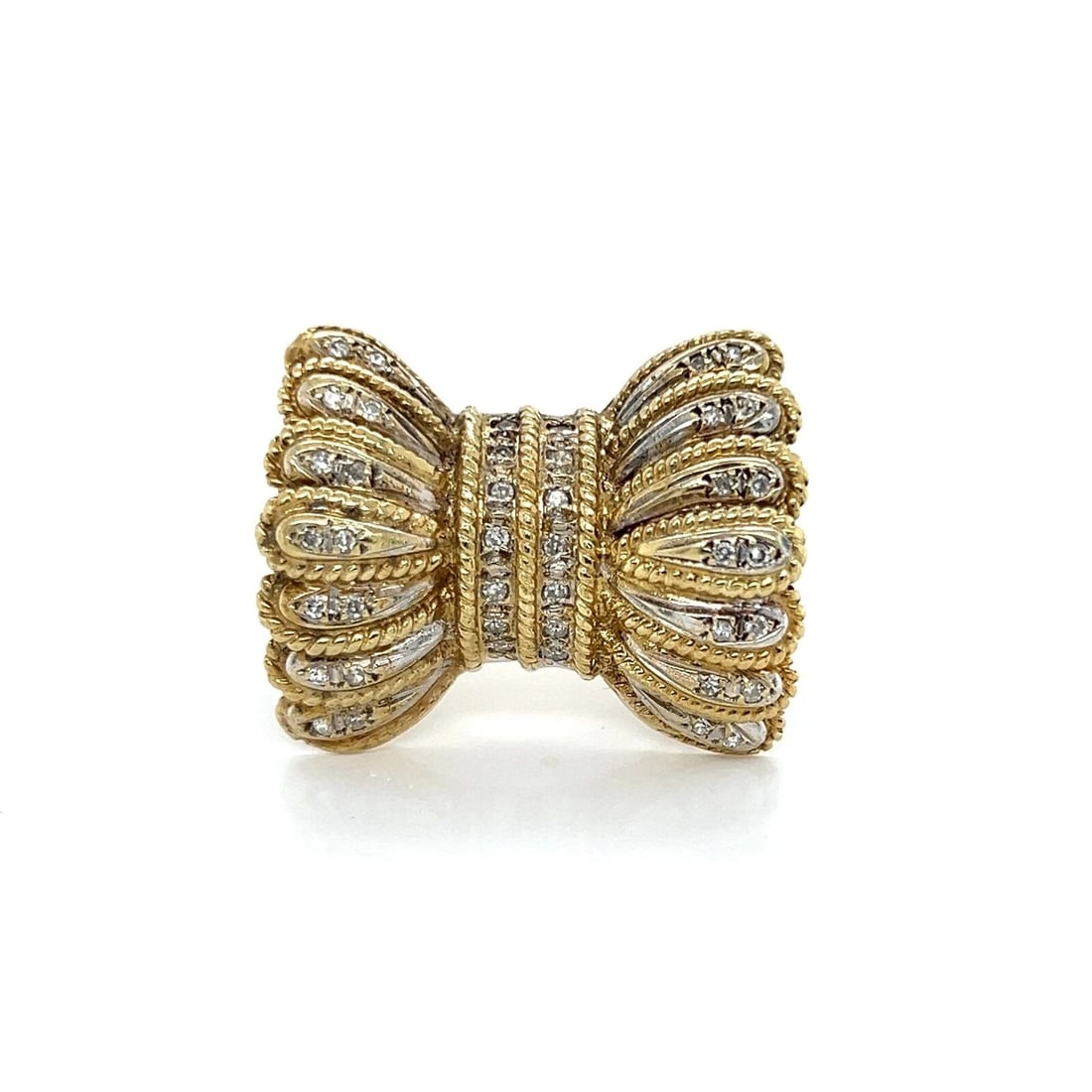 DIAMOND FANCY FRILLED BOW 14K TWO-TONE GOLD RING: Diamond Fancy Frilled Bow 14k Two-Tone Gold Ring Brand: Unbranded Type/Style: Ring Material: 14k yellow and white gold Color: yellow and white Size: 8 US Accessories: None Accessories Noti