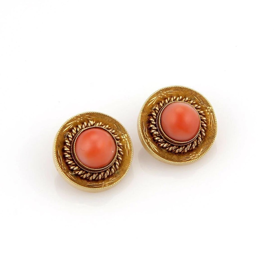 CORAL TEXTURED BUTTON 18K YELLOW GOLD CLIP-ON EARRINGS: Coral Textured Button 18k Yellow Gold Clip-On Earrings Brand: Unbranded Type/Style: Earring Material: 18k yellow gold Color: yellow Size: Measurements: Approximately 0.67inch diameter x 0.28inch