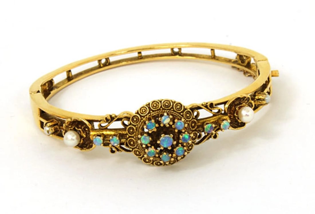 OPAL SEED PEARL 14K YELLOW GOLD FLORAL BRACELET (1 of 5)