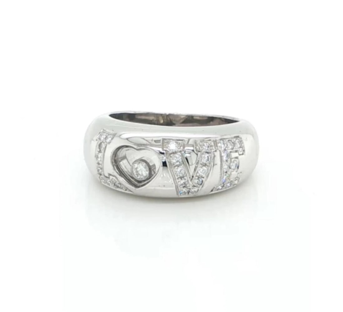 CHOPARD HAPPY DIAMONDS DIAMOND 18K WHITE GOLD RING: Chopard Happy Diamonds Diamond 18k White Gold Ring Brand: Chopard Type/Style: Ring Material: 18k white gold Main Stone Natural Color: White Size: 4 US Accessories: None Accessories Notice:
