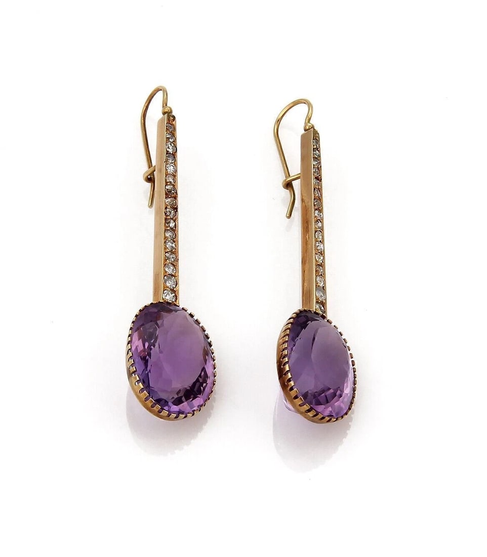 DIAMOND AMETHYST 18K ROSE & YELLOW GOLD EARRINGS: Diamond Amethyst 18k Rose & Yellow Gold Earrings Brand: Unbranded Type/Style: Earring Material: 18k rose and yellow gold Color: yellow Size: Measurements: Approximately 2.48inch long x 0.55inch wide