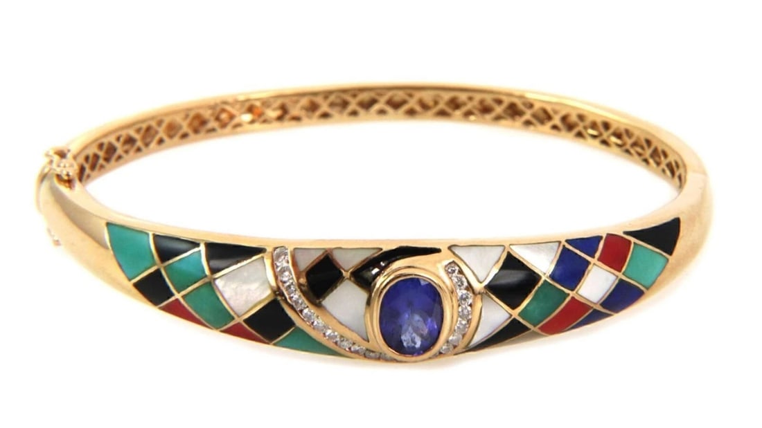 DIAMOND TANZANITE MULTICOLOR 14K YELLOW GOLD BANGLE BRACELET: Diamond Tanzanite Multicolor 14k Yellow Gold Bangle Bracelet Brand: Unbranded Type/Style: Bracelet Material: 14k yellow gold Color: yellow Size: Measurements: Inner circumference approximately 6.5inch