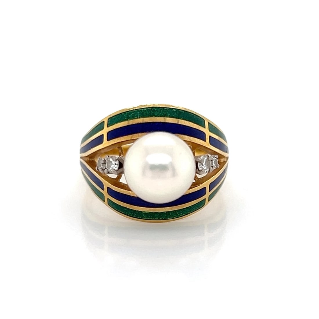 MIKIMOTO PEARL DIAMOND ENAMEL 18K YELLOW GOLD RING: Mikimoto Pearl Diamond Enamel 18k Yellow Gold Ring Brand: Mikimoto Type/Style: Ring Material: 18k yellow gold Main Stone Secondary Stone Natural Color: Gold Size: 5 US Accessories: None Ac