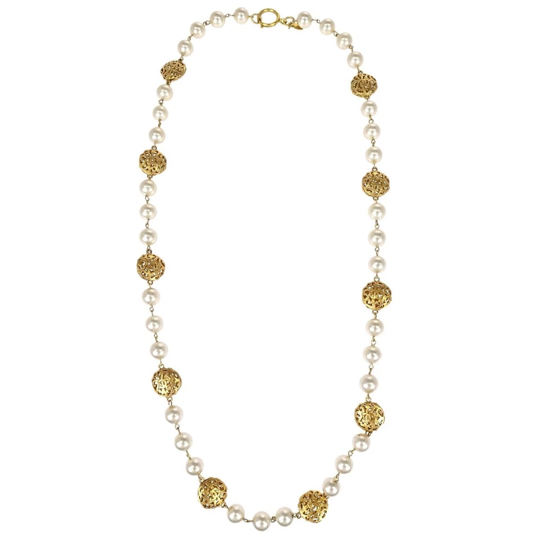 CHANEL CHAIN NECKLACE GOLD ARTIFICIAL PEARL: Chanel Chain Necklace Gold Artificial Pearl Brand: Chanel Type/Style: Necklace Material: Gold Plated Main Stone Pearl Color: Gold Size: Chain(Overall) : 88.0 cm Accessories: None Accessori