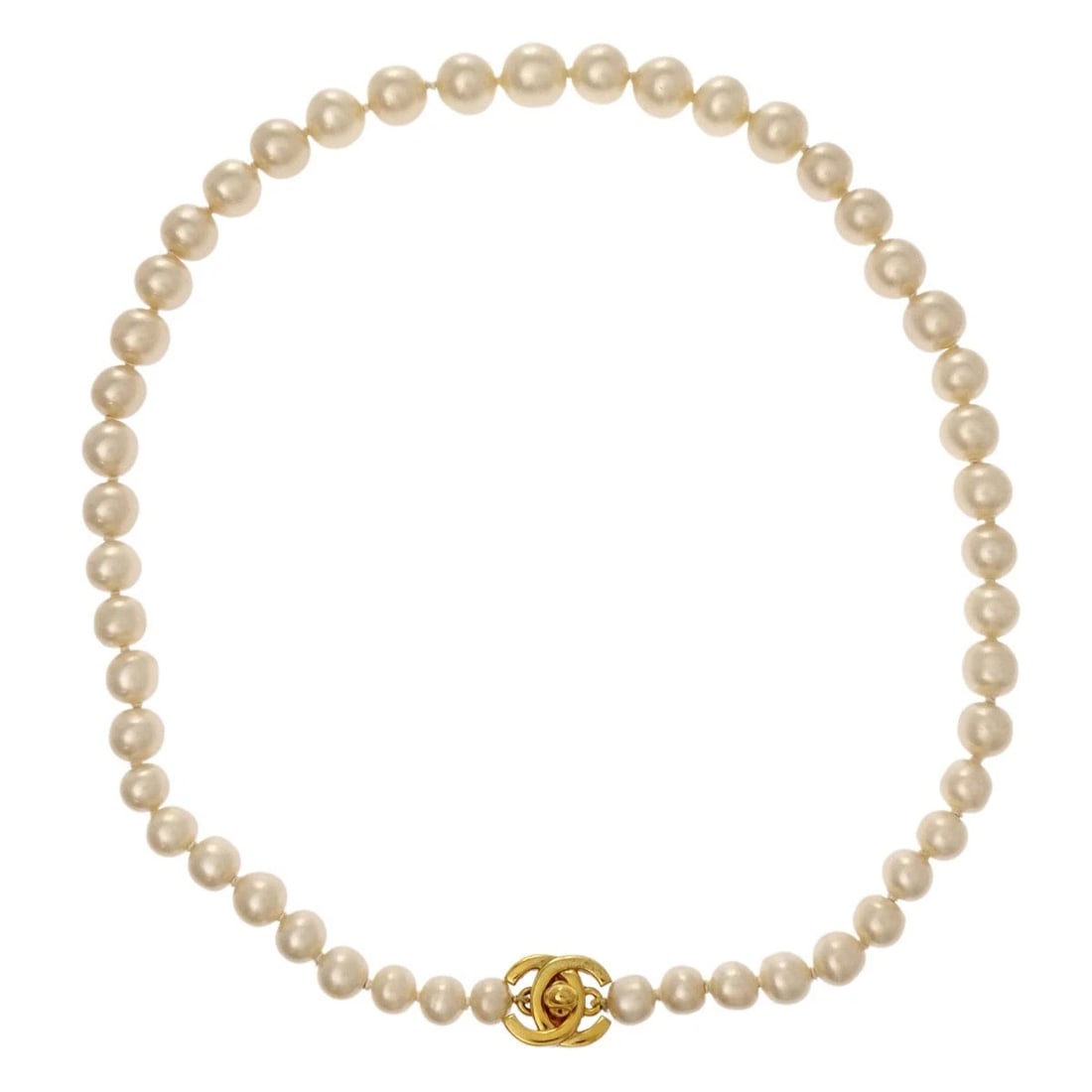 CHANEL CC TURNLOCK GOLD ARTIFICIAL PEARL CHAIN NECKLACE: Chanel CC Turnlock Gold Artificial Pearl Chain Necklace Brand: CHANEL Type/Style: Pendant Material: Gold Plated Main Stone Artificial Pearl Color: Gold Size: Chain(Overall) : 64.0 cm, Width : 1.5 cm