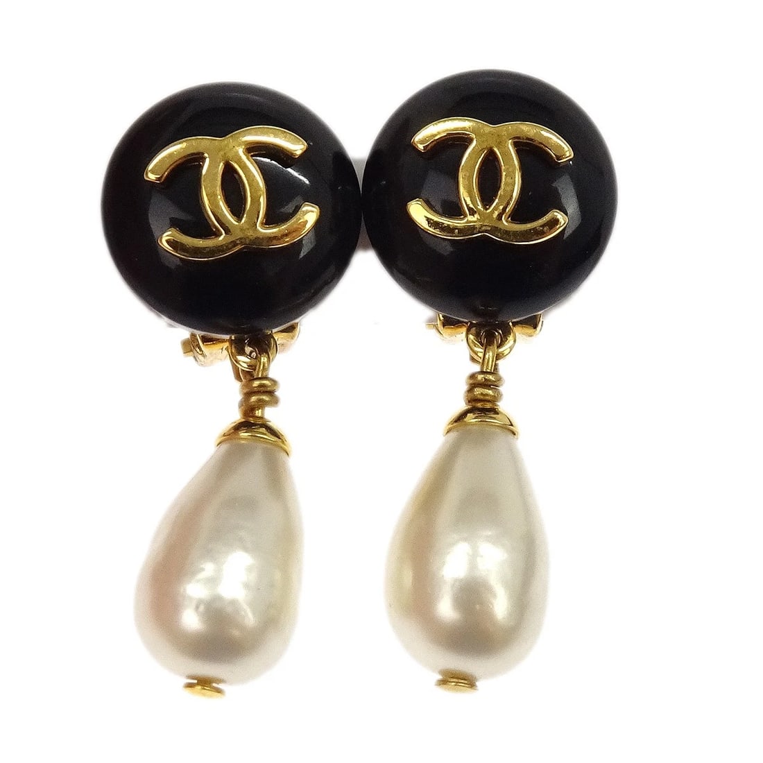 CHANEL GOLD ARTIFICIAL PEARL DANGLE CLIP-ON EARRINGS: Chanel Gold Artificial Pearl Dangle Clip-On Earrings Brand: CHANEL Type/Style: Earrings Material: Gold Plated Main Stone Artificial Pearl Color: Gold Size: W 1.5 x H 3.7 cm Accessories: None