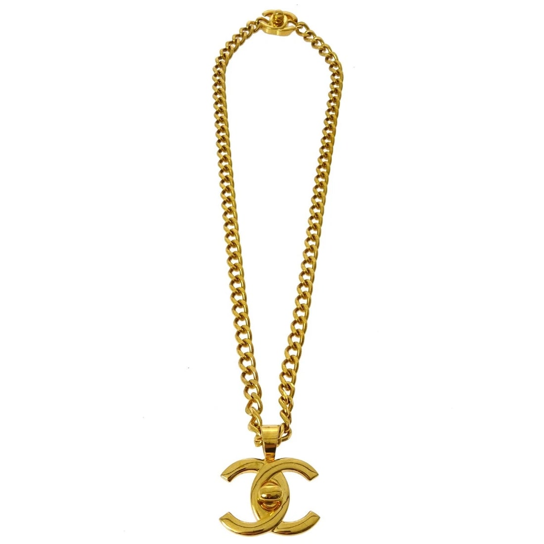 CHANEL TURNLOCK GOLD CHAIN NECKLACE PENDANT: Chanel Turnlock Gold Chain Necklace Pendant Brand: CHANEL Type/Style: Pendant Material: Gold Plated Color: Gold Size: Chain(Overall) : 55.0 cm, Charm : W 3.5 x H 2.7 cm Accessories: None A