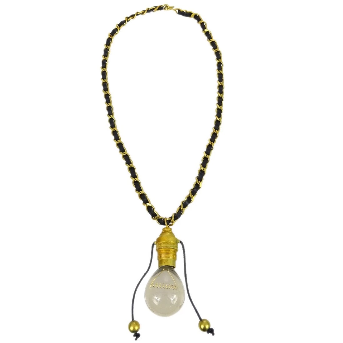 CHANEL LIGHT BULB GOLD CHAIN PENDANT NECKLACE: Chanel Light Bulb Gold Chain Pendant Necklace Brand: CHANEL Type/Style: Pendant Material: Gold Plated Leather Color: Gold, Black Size: Chain(Overall) : 75.0 cm, Top : W 4.0 x H 8.5 cm Accessories: