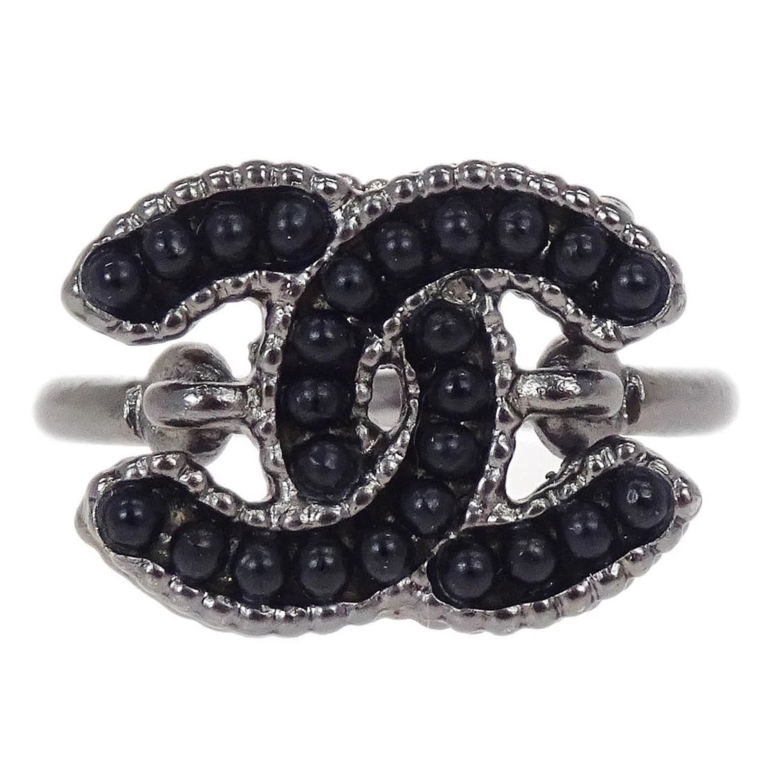 CHANEL RING SILVER BLACK CC: Chanel Ring Silver Black CC Brand: Chanel Type/Style: Ring Material: Silver Plated Color: Silver Size: 4.75 - 5 US Accessories: None Accessories Notice: When purchasing pre-owned goods, pl