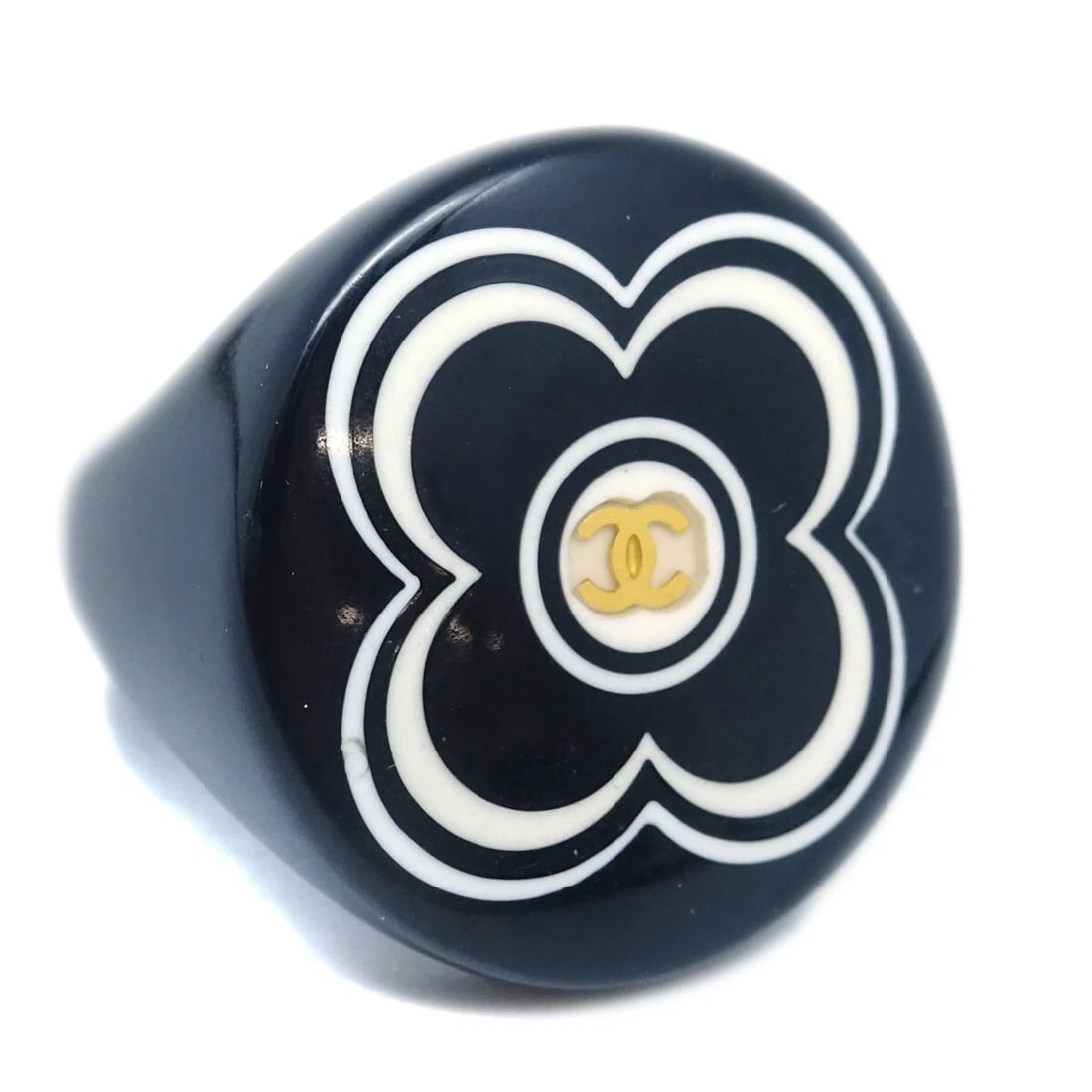 CHANEL RING BLACK: Chanel Ring Black Brand: Chanel Type/Style: Ring Material: Acrylic Gold-plated Color: Black Size: 6.25 - 6.5 US Accessories: None Accessories Notice: When purchasing pre-owned goods, pleas