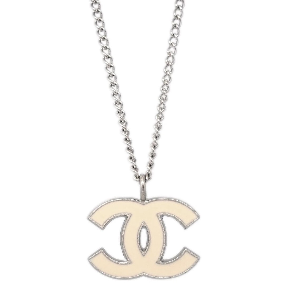 CHANEL CHAIN NECKLACE SILVER WHITE: Chanel Chain Necklace Silver White Brand: CHANEL Type/Style: Pendant Material: Silver Plated Color: White Size: Chain(Overall) : 41.0 cm, Charm : W 2.0 x H 1.5 cm Accessories: None Accesso